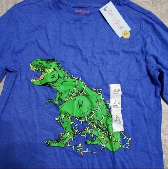 NWT Cat & Jack Blue Long Sleeve Tshirt Christmas T-Rex Dinosaur Boys Large 12-14 - Picture 4 of 5